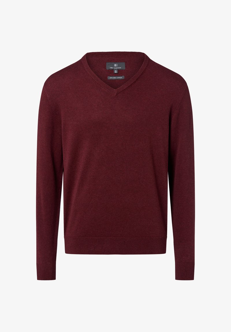 Bordeauxfarbener Bio-Baumwollpullover mit V-Ausschnitt, langen Ärmeln, gerippten Bündchen und Saum. Weiche, glatte Textur mit einer taillierten Passform.