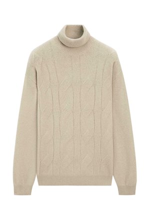 Béžový pletený svetr s vysokým rolákem, zdobený copánkovým vzorem a žebrovanými manžetami a lemem. Vyrobený z měkkého, texturovaného materiálu.