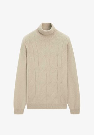 Beige gebreide trui met een hoge col, voorzien van een kabelpatroon en geribbelde manchetten en zoom. Gemaakt van een zacht, gestructureerd materiaal.