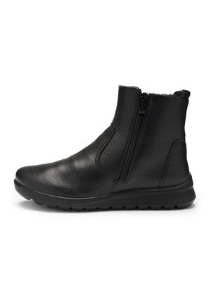 Black leather ankle boot with side zipper, rounded toe, textured sole, and pull tab at the back for easy wearing.