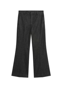 Bredde mørkegrå bukser lavet af denim, med to forlommer og en glat tekstur samt et klassisk taljedesign.