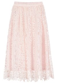Falda larga de encaje en rosa suave con intrincados patrones florales, superposición transparente y dobladillo con forma de hélice, que cuenta con una cintura fruncida para un mejor ajuste.