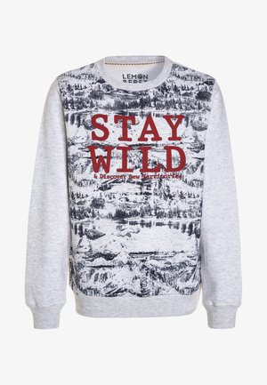 Sudadera gris claro con estampado negro de naturaleza y texto en rojo intenso "MANTENTE SALVAJE & Descubre nuevos territorios" en el frente, manga larga, cuello redondo.