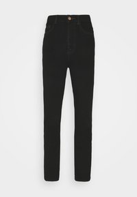 Černé skinny džíny s vysokým pasem, předními kapsami, zapínáním na knoflík a viditelným prošíváním na jednobarevném bílém pozadí.