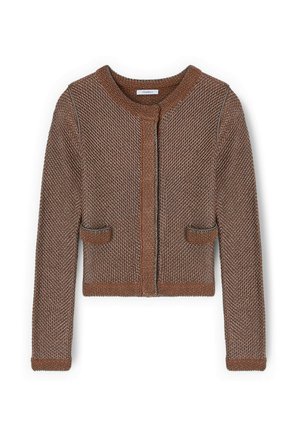 Cardigan en maille texturée marron avec manches longues, col rond et deux petites poches avant, posé à plat sur fond blanc.