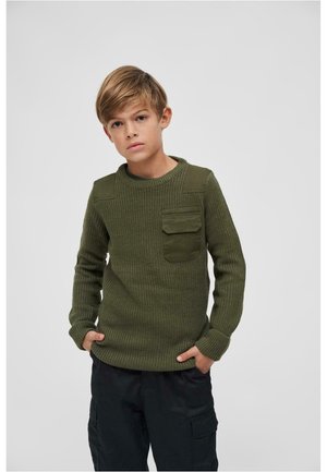 Pull en tricot texturé vert avec un col rond et des manches longues ; il présente une poche poitrine et des accents contrastants sur les épaules.