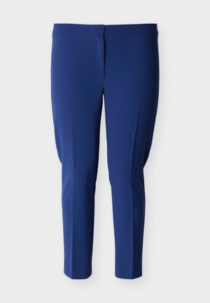 Marineblå skreddersydde ankelkorte bukser med frontknapp og glidelås, rett passform og pressede folder nedover hver ben.