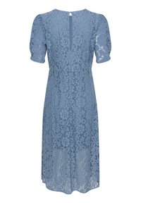Blue lace dress with puff sleeves, floral pattern, V-back with button closure, knee length, and sheer texture.