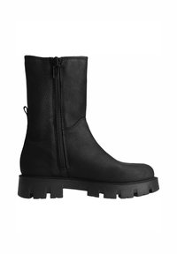 Black leather mid-calf boot with side zipper, textured upper, thick lug sole, and pull tab at the back.