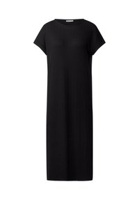 Czarna żebrowana sukienka midi z krótkim rękawem, okrągłym dekoltem i prostym krojem, prezentowana na białym tle.