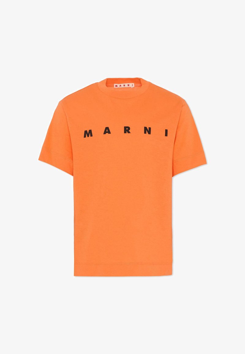 T-shirt en coton orange avec des lettres noires en bloc épelant "MARNI" sur la poitrine ; manches courtes et col rond.