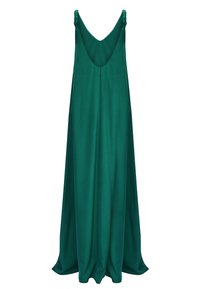Zielona, bezrękawnikowa sukienka maxi z dekoltem w serek, plecionymi ramiączkami i zwiewnym materiałem zapewniającym luźny krój. Gładka tekstura i jednolity kolor.
