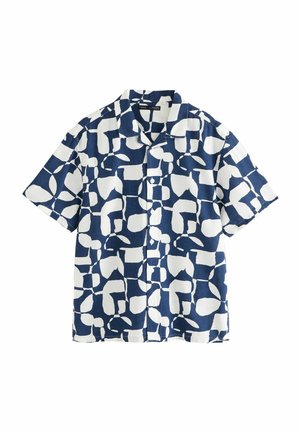 Korte mouwen, knoopsluiting shirt in marineblauw en wit met een abstract patroon. Gemaakt van lichtgewicht stof, met een klassieke kraag en een afgeronde zoom.
