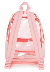 Genomskinlig rosa ryggsäck med rosa remmar och dragkedja. Mjuk material med transparent kropp. Har ett handtag på toppen och justerbara remmar.