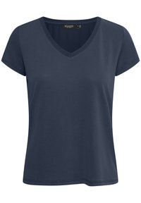 Námořnická modrá tričko s výstřihem do V vyrobené z hladké tkaniny. Krátké rukávy, volný střih a nenápadné švy na lemech.