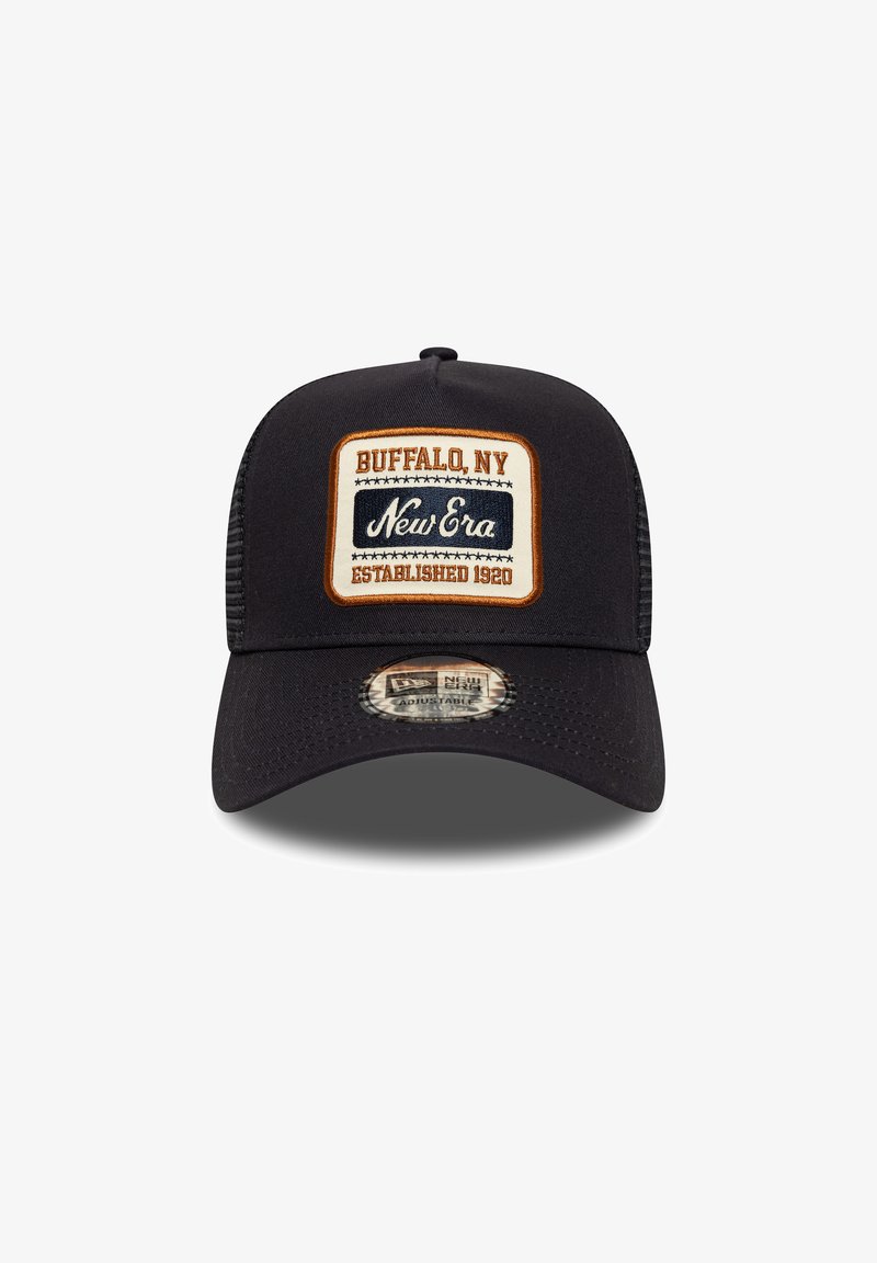 Black cap with mesh sides, featuring a rectangular patch that reads "BUFFALO, NY" and "New Era ESTABLISHED 1920" in contrasting colors.