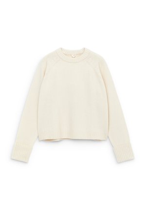 Cream-colored knit sweater featuring a round neck, ribbed cuffs and hem, and a cropped design with decorative stitch detailing.