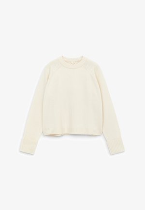 Cremfarbener Strickpullover mit Rundhalsausschnitt, gerippten Bündchen und Saum sowie einem verkürzten Design mit dekorativen Stichdetails.