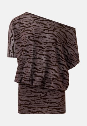 Καφέ τοπ με ένα ώμο, με σκούρο σχέδιο τίγρης και χαλαρή, απαλή εφαρμογή.