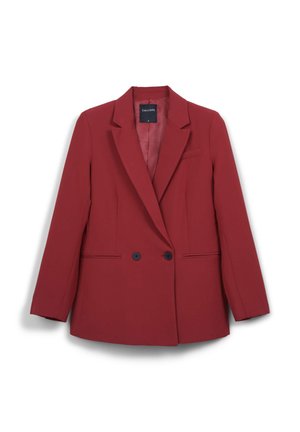 Red double-breasted blazer with a tailored fit, sharp lapels, two black buttons, and a single chest pocket. Smooth fabric texture.