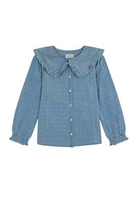 Blusa di denim azzurro chiaro con un ampio colletto arricciato, delicata ricamo floreale, apertura a bottoni sul davanti e maniche lunghe con polsini arricciati.