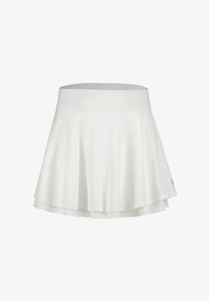 Valkoinen liehuhame, jossa on sileä ja joustava kangas, leveä vyötärönauha ja kerroksellinen muotoilu lisäämässä volyymia. Pieni logo helmassa.