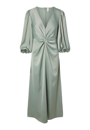 Šalviové midi šaty s hlbokým výstrihom do V, nadýchanými rukávmi dĺžky po lakeť, zošitým skrúteným detailom v páse a hladkým saténovým povrchom.