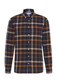 Camicia a bottoni in fantasia scozzese navy, marrone e crema. Realizzata in tessuto morbido con colletto standard e maniche lunghe. Presenta bottoni in legno.