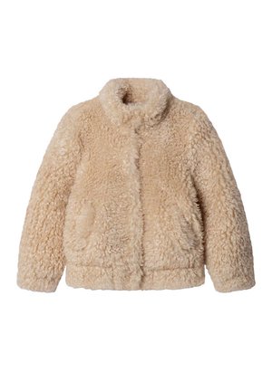 Beige fluffy sherpa jacket with long sleeves, high collar, front pockets, and a soft, textured finish.