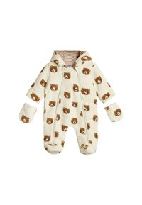 Tuta in pile color crema con un motivo di orsacchiotti su tutta la superficie, cappuccio e guanti coordinati. Chiusura con zip e interno a righe.