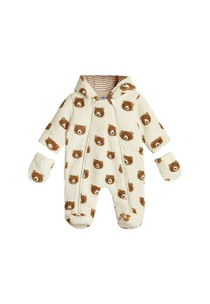 Crèmefarvet fleece heldragt med et all-over teddy-bear mønster, hætte og matchende vanter. Lynlås lukning og stribet inderside.