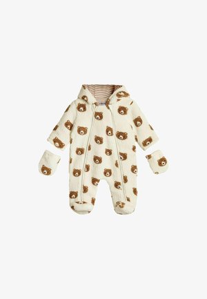 Salopetă din fleece de culoare crem, cu un model de urși de pluș pe toată suprafața, cu glugă și mănuși asortate. Închidere cu fermoar și interior în dungi.