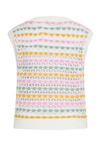 Pulover tricotat de culoare albă, cu modele dungi multicolore în nuanțe de roz, verde, galben și alb. Mâneci scurte și tiv cu nervuri. Design texturat.