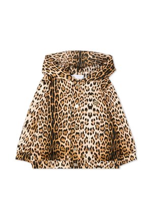 Dziecięca kurtka z kapturem z motywem w cętki lamparta i zapinaniem na guziki z przodu.