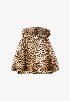 Veste à capuche pour enfants avec motif léopard et fermeture par boutons sur le devant.