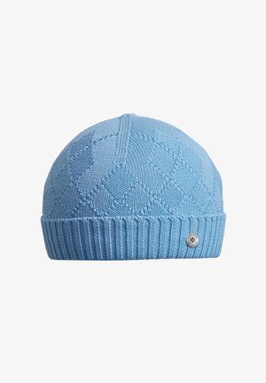 Knit beanie in light blue with diamond pattern, ribbed brim, and a logo badge on the side. Made from soft, textured yarn.