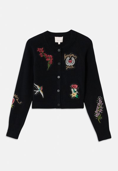 Black buttoned cardigan with embroidered flowers, a bird, and "bonjour y'all" patches on front and sleeves.