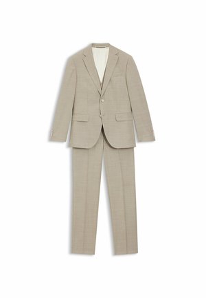 Lysebeige jakkesæt med en struktureret blazer med enkeltknaplukning og hakrevers, kombineret med bukser med lige ben.