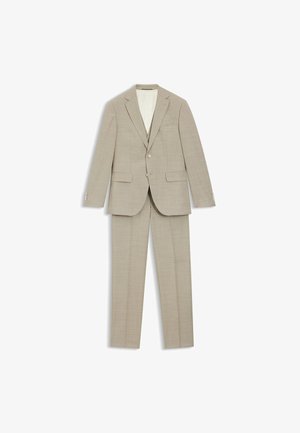 Lysebeige jakkesæt med en struktureret blazer med enkeltknaplukning og hakrevers, kombineret med bukser med lige ben.