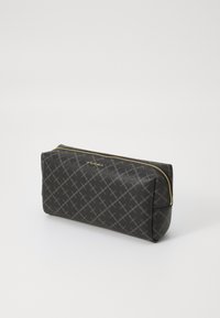 Black cosmetic pouch made of textured material, featuring a geometric pattern and a gold zipper closure. Compact, rectangular shape.