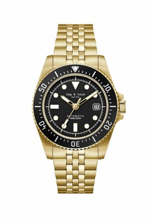 Gouden metalen armbandhorloge met zwarte wijzerplaat, witte markers, datumaanduiding op 3 uur en een draaibare lunette met markeringen van 0 tot 50 minuten.