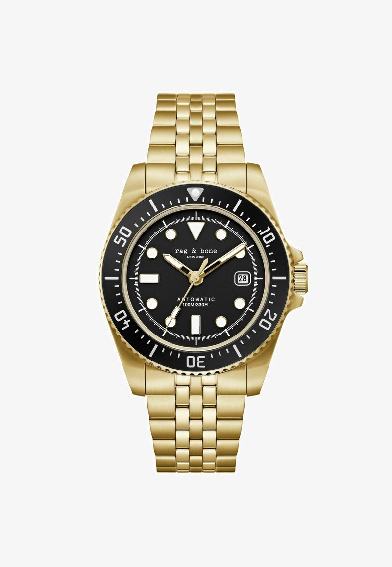 Montre bracelet en métal doré avec cadran noir, index blancs, guichet de date à 3 heures et lunette tournante graduée de 0 à 50 minutes.