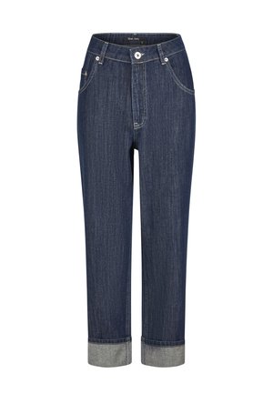 Dark blue high-waist straight-leg jeans with cuffed hems and front pockets, button, and zip closure.