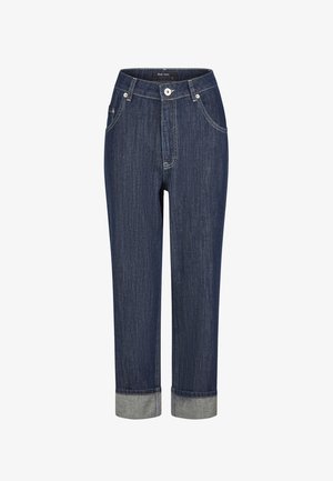 Dunkelblaue, hoch taillierte Jeans mit geradem Bein, umgeschlagenen Säumen, vorderen Taschen sowie Knopf- und Reißverschluss.