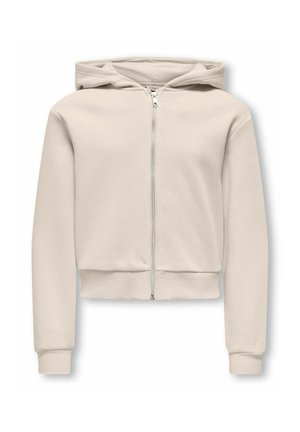 Beige zip-up hoodie met lange mouwen, geribde boorden en zoom, en vast kapje, plat gelegd op een witte achtergrond.