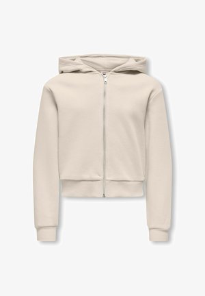 Beige hættejakke med lynlås, lange ærmer, ribkant ved ærmer og bund samt fasthæftet hætte, lagt fladt på en hvid baggrund.