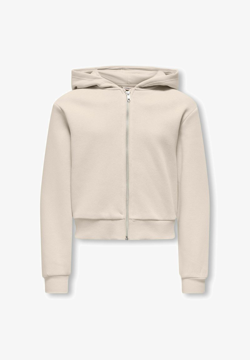 Sweat à capuche beige avec fermeture éclair, manches longues, poignets et ourlet côtelés, et capuche attachée, posé à plat sur fond blanc.