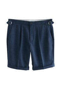 Marineblauwe shorts van gestructureerde stof, met voorplooien, zijverstelgespen en een opgerolde zoom. Voorzien van een sluiting met een knoop aan de voorkant.