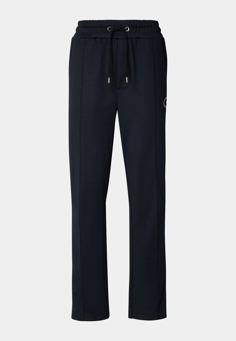 Marineblaue Jogginghose aus weichem, atmungsaktivem Stoff. Mit einem elastischen Taillenbund mit Kordelzug, seitlichen Taschen und dezentem Logodetail.