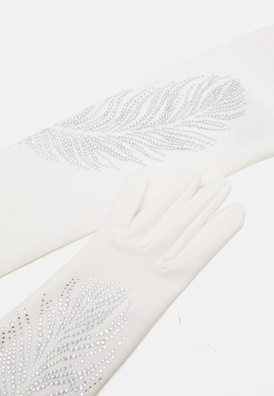 Bijele rukavice od glatkog materijala, s dekorativnim uzorkom lišća od srebrnih rhinestones duž manžeta i stražnje strane ruke.